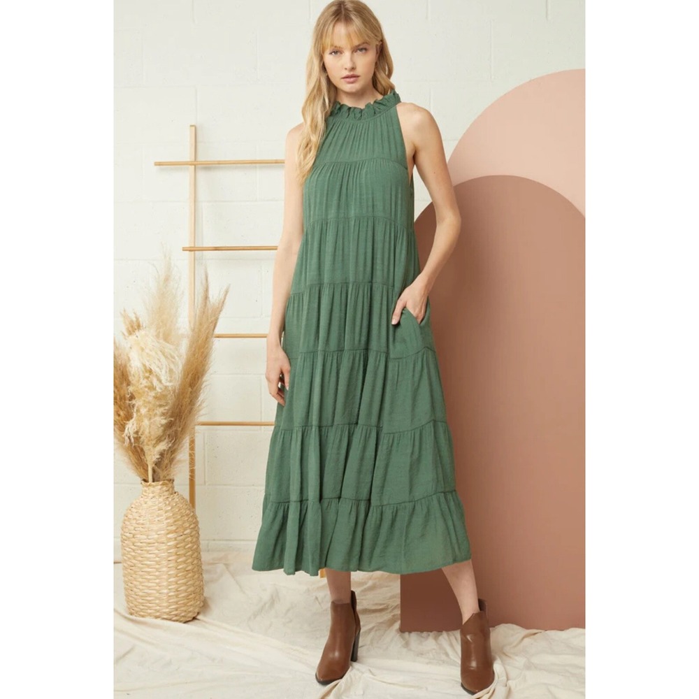 Entro Mock Neck Green Dress with Tiered Ruffle Design Size Large